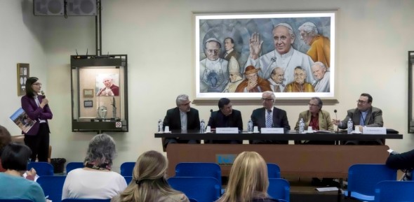 Responding to questions regarding the plight of refugees are, (left to right): Father F. Baggio, Undersecretary, Office for Migrants and Refugees, Vatican; Father P. Reubens, President, International Federation of Catholic Universities, Brazil; Anthony J. Cernera, President, Being the Blessing Foundation, USA; Francois Mabille, Secretary General, International Federation of Catholic Universities,  France; Father R. Micallef, Gregorian University, Italy. 